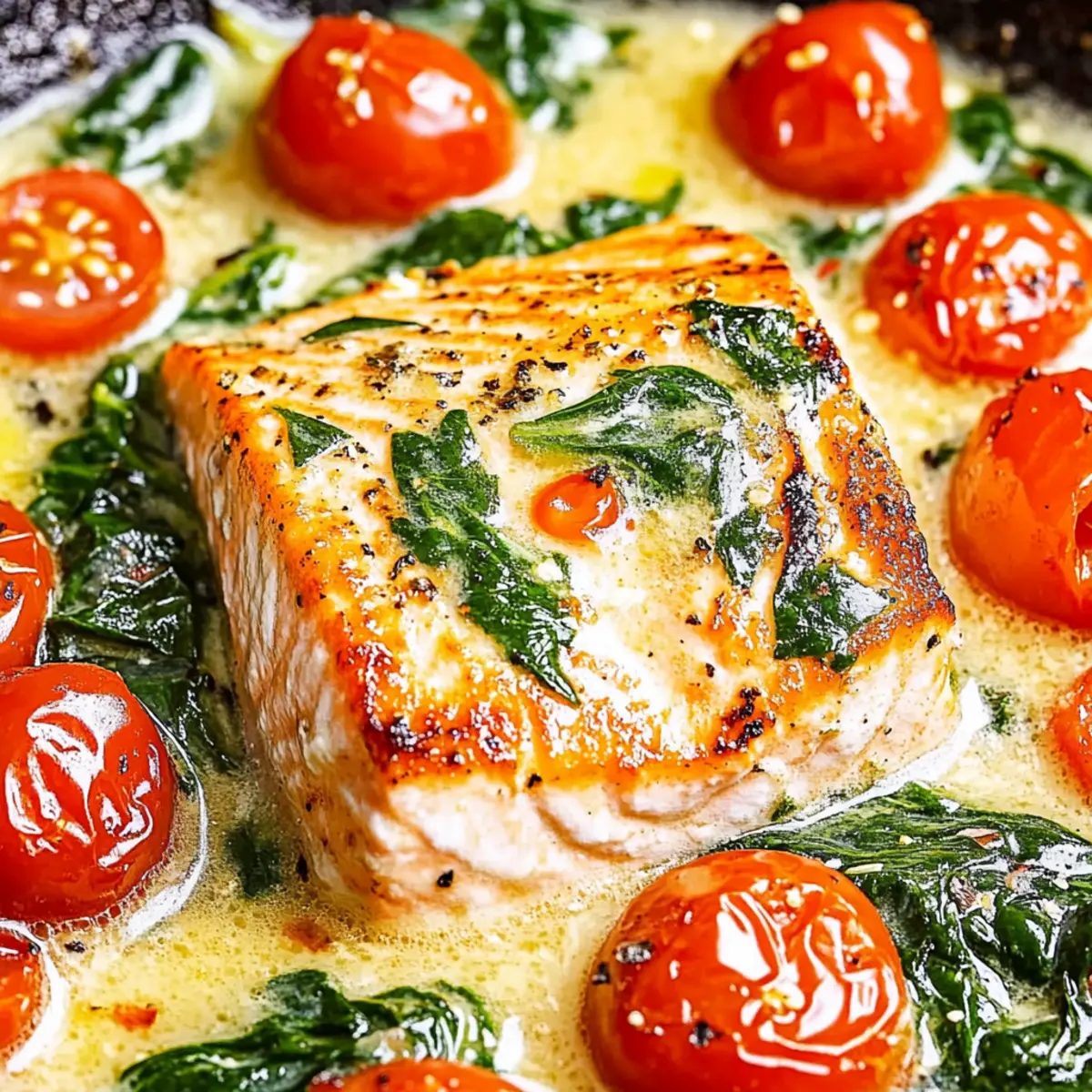 Tuscan Butter Salmon with Garlic, Spinach, and Cherry Tomatoes