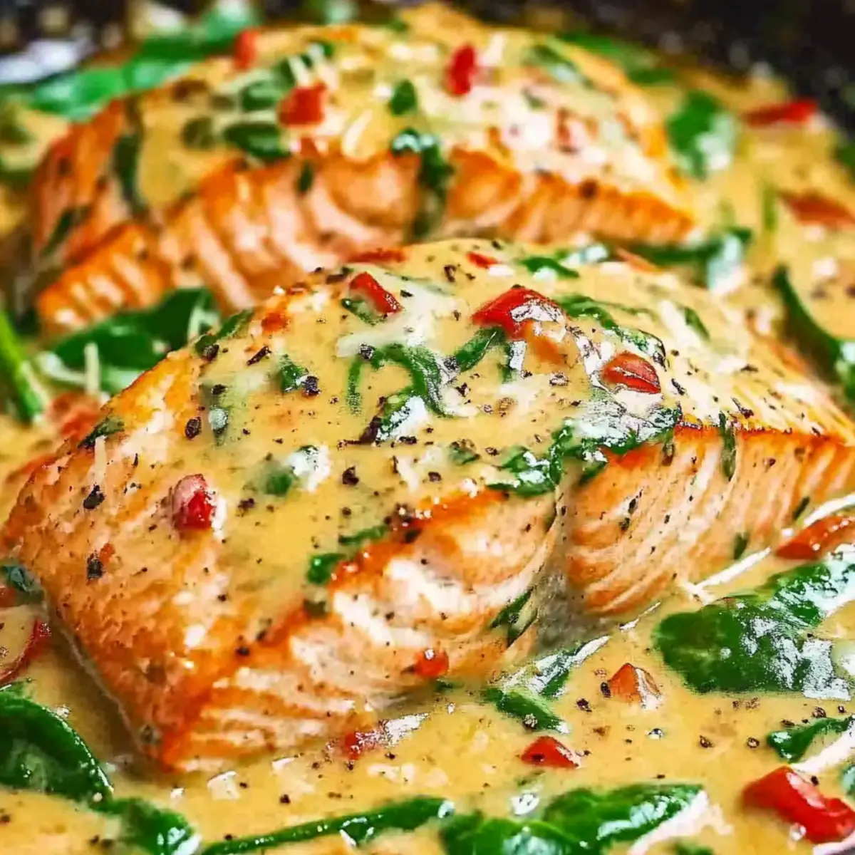 Delicious Salmon in Roasted Pepper Sauce with Spinach and Parmesan