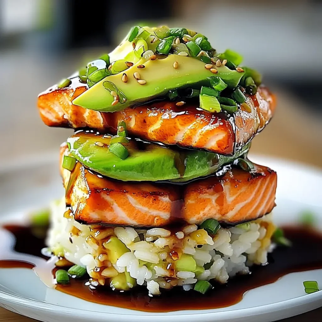 Teriyaki Salmon Avocado Rice Stack