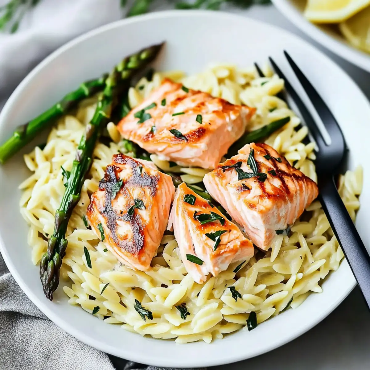 Creamy Lemon Garlic Orzo with Salmon and Asparagus Recipe