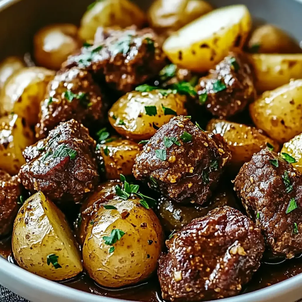 Slow Cooker Garlic Butter Beef Bites & Potatoes