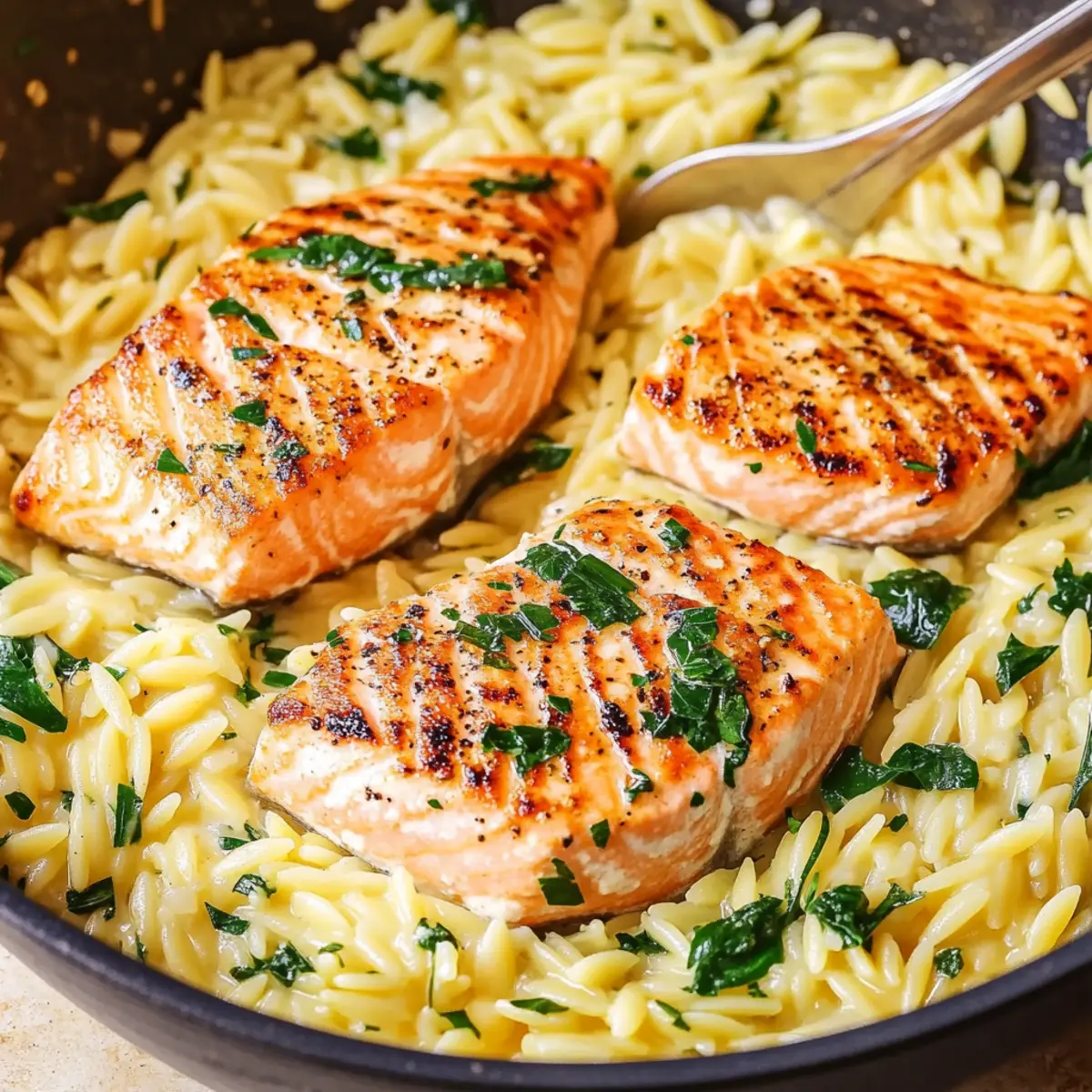 Seared Salmon Orzo Pasta Bowl with Creamy Lemon Sauce Recipe