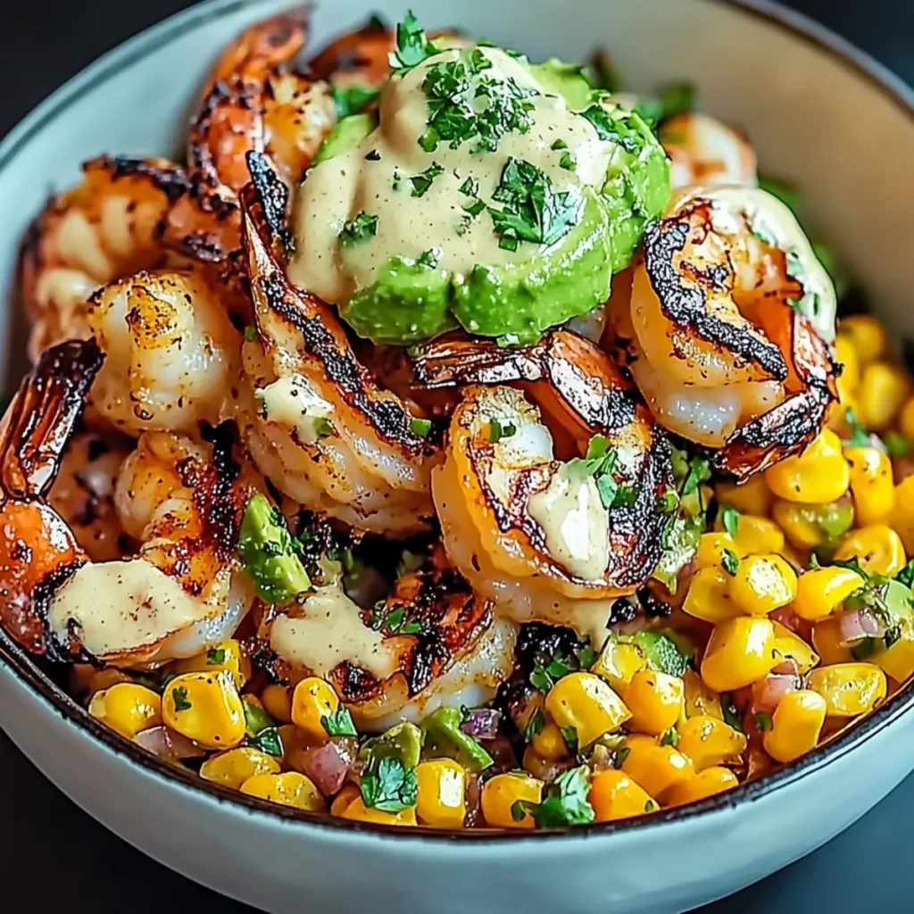 Grilled Shrimp Bowl with Avocado, Corn Salsa & Creamy Garlic Sauce