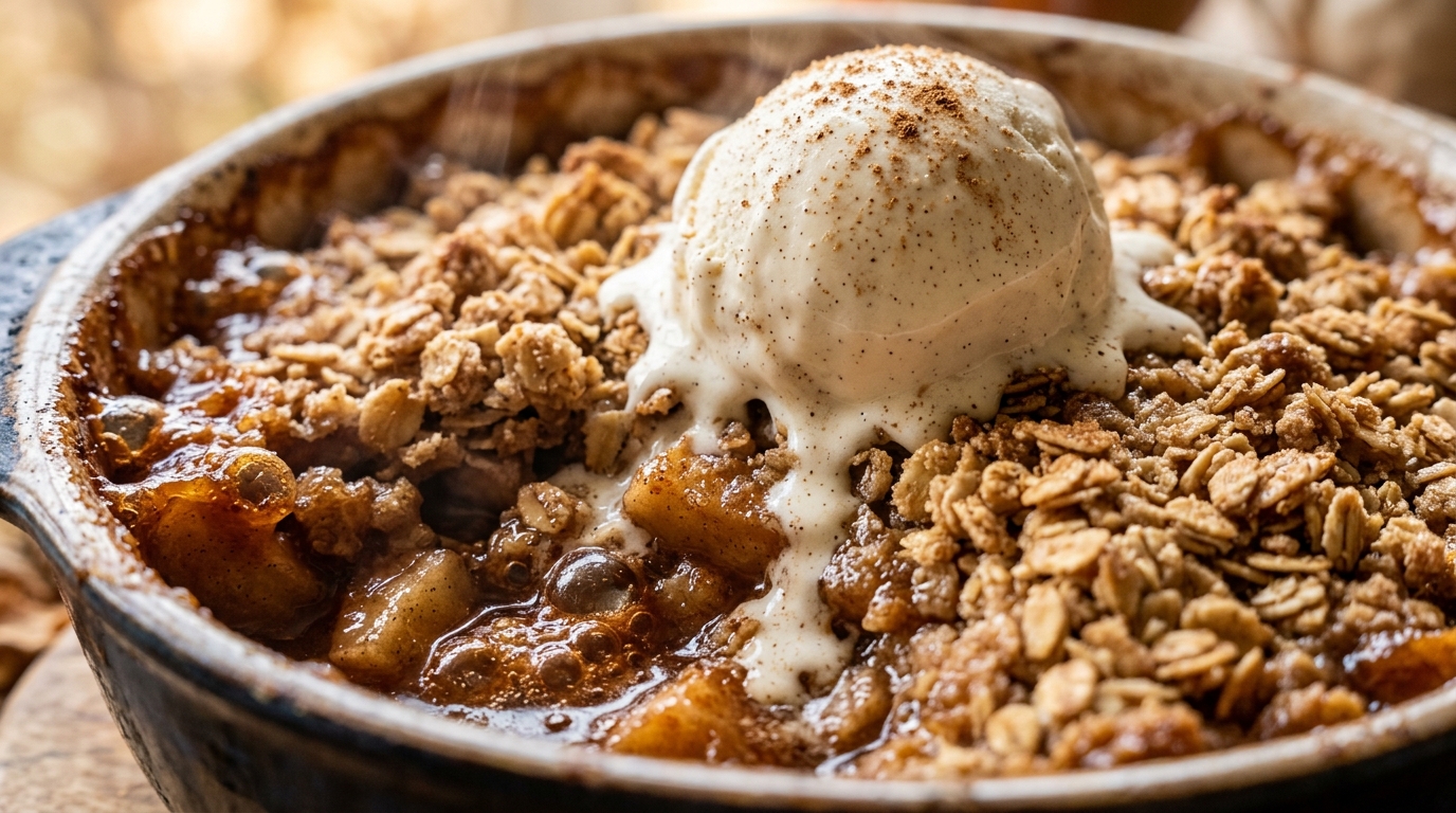 Freshly baked cinnamon apple crisp in a skillet with crunchy oat streusel topping and melting vanilla ice cream