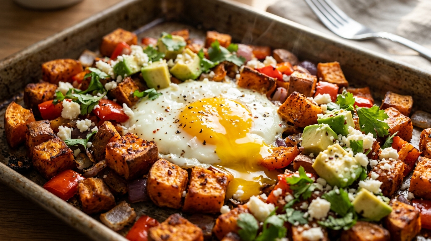 Ultra close-up macro of sheet pan sweet potato breakfast hash with baked runny eggs and fresh cilantro