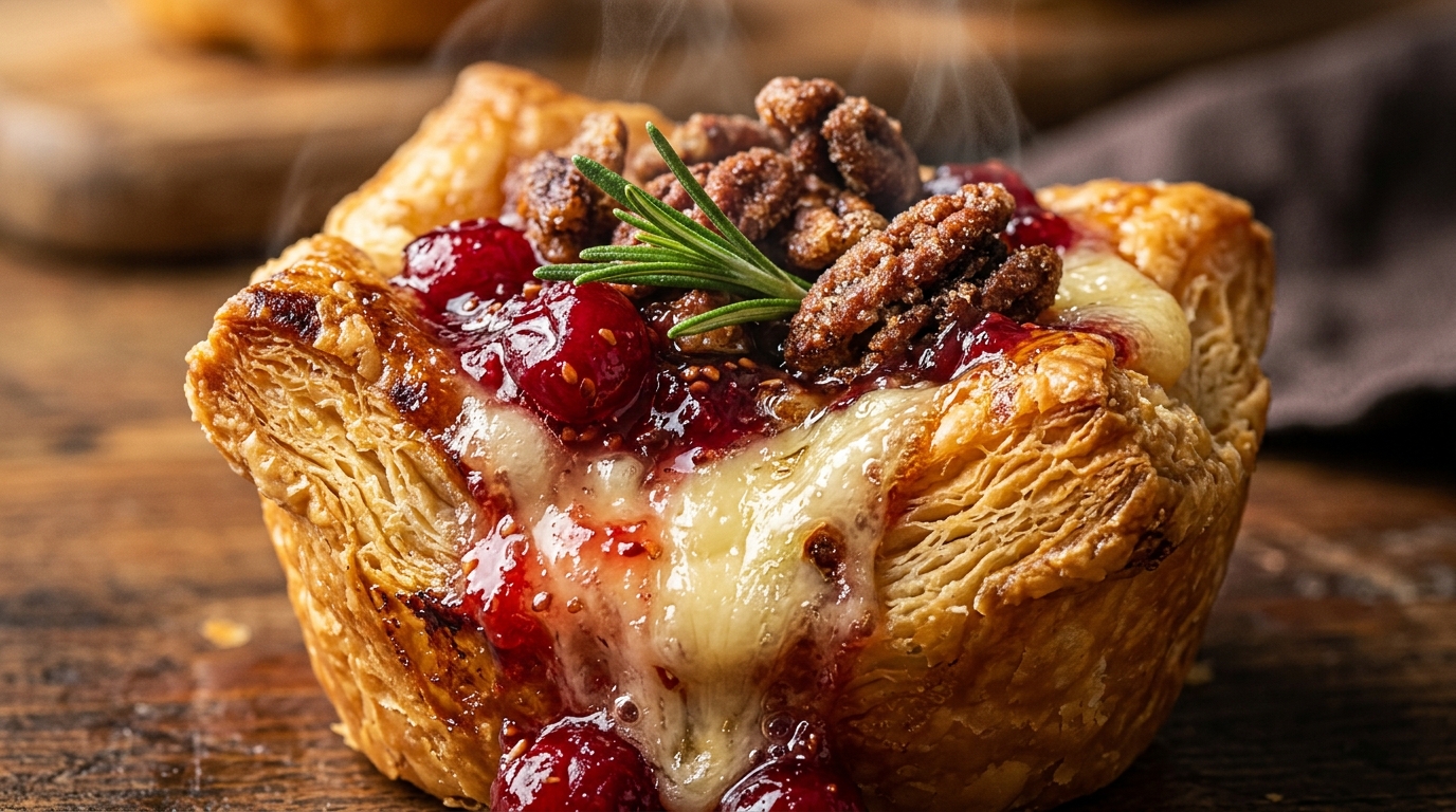 Freshly baked cranberry pecan brie bites in flaky puff pastry cups with melted brie and fresh rosemary
