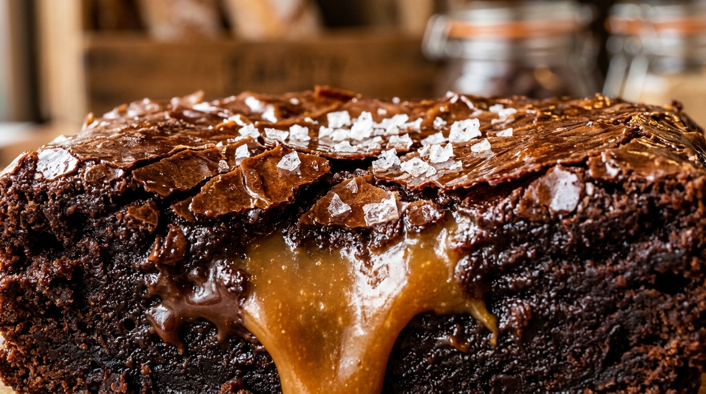 Ultra close-up macro of fudgy salted caramel brownie square with glossy crackly top and molten chocolate center