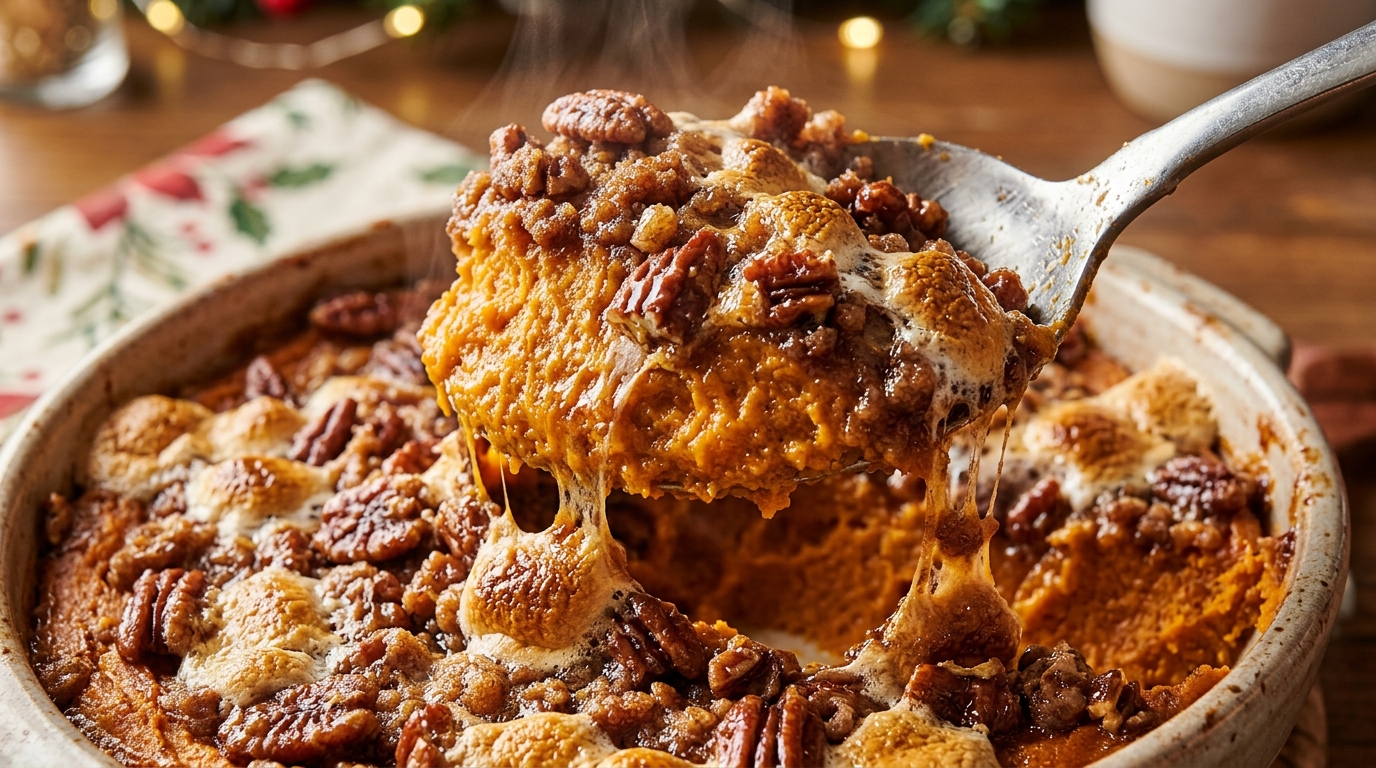 Ultra close-up macro scoop of loaded sweet potato casserole with crunchy toasted pecan streusel and melted golden marshmallows