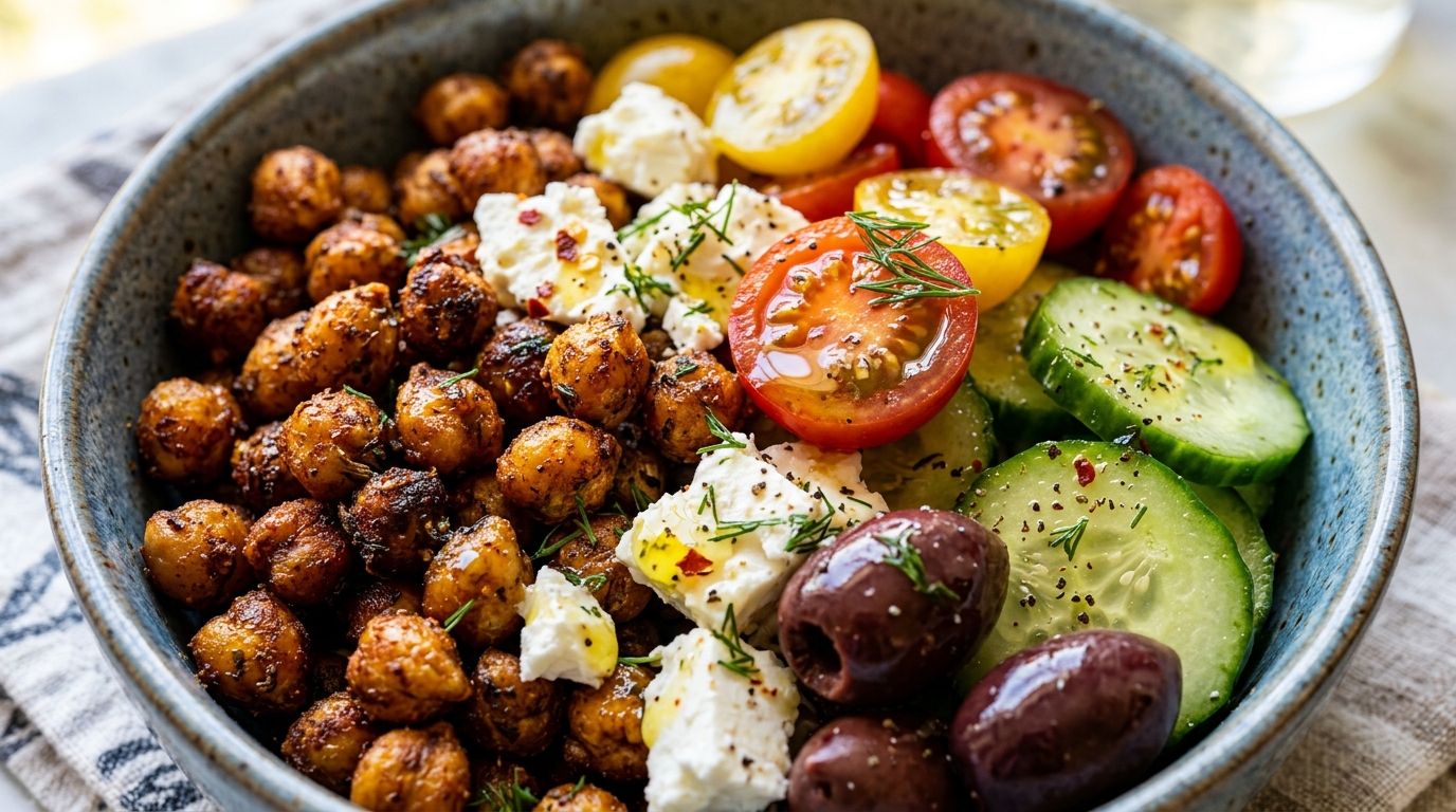 Ultra close-up macro of Mediterranean grain bowl with spiced crispy chickpeas, feta cheese chunks, cucumbers, and lemon dressing