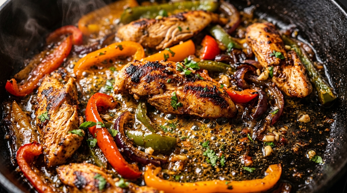 Sizzling sheet pan chicken fajitas with charred peppers, onions, and melted cilantro garlic butter