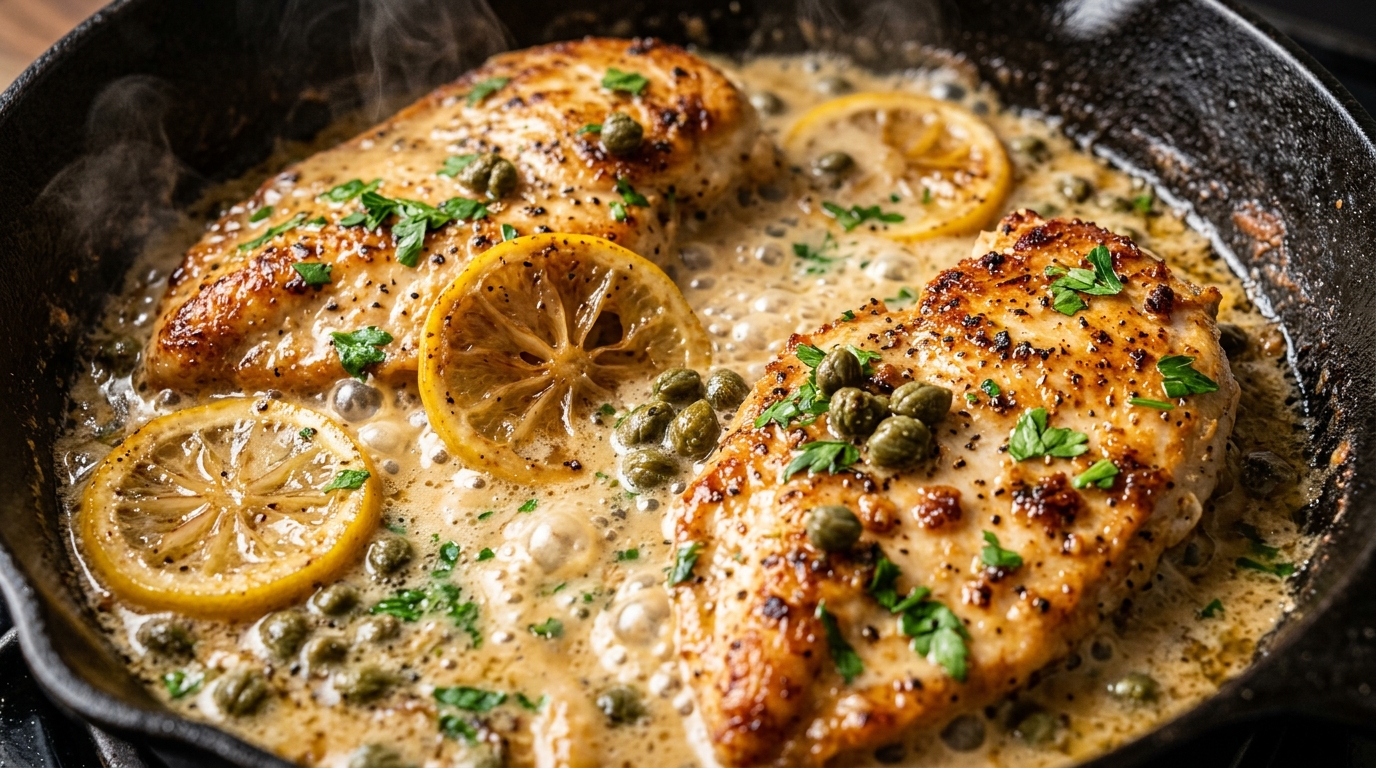 Pan-seared golden chicken cutlets simmering in velvety lemon herb butter cream sauce with capers and lemon wheels