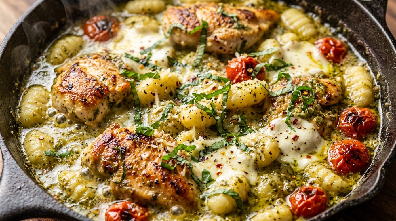 Creamy Garlic Pesto Chicken and Gnocchi simmering in skillet