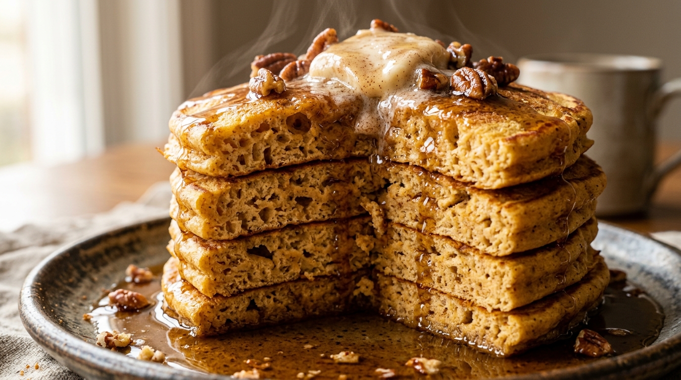 Ultra tall stack of fluffy golden pumpkin spice pancakes dripping with warm maple syrup and melting cinnamon butter