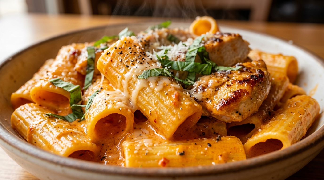 Ultra close-up macro of creamy roasted red pepper chicken rigatoni with fresh basil and grated parmesan