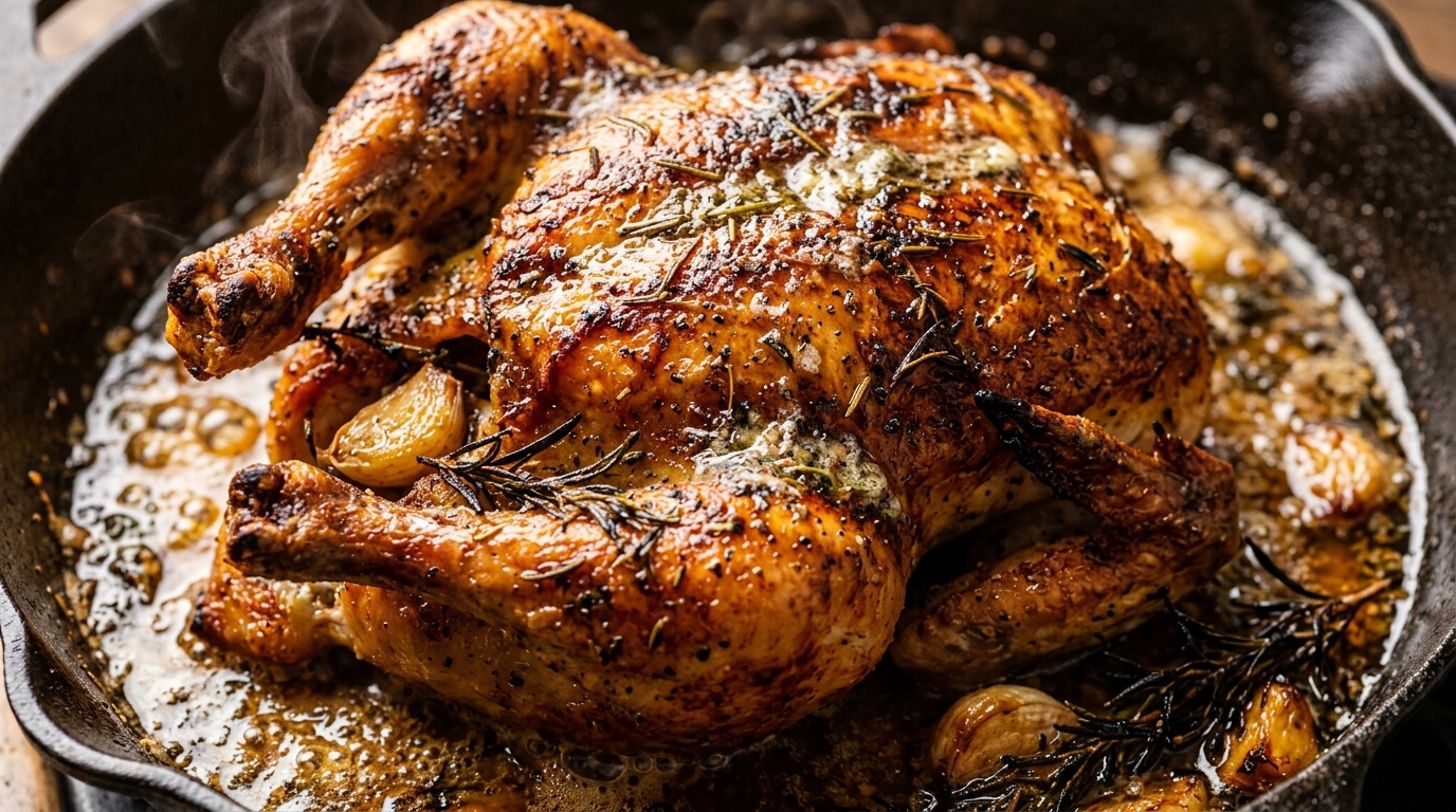 Golden crispy garlic herb butter roasted whole chicken in a cast-iron skillet with bubbling amber pan drippings and roasted garlic