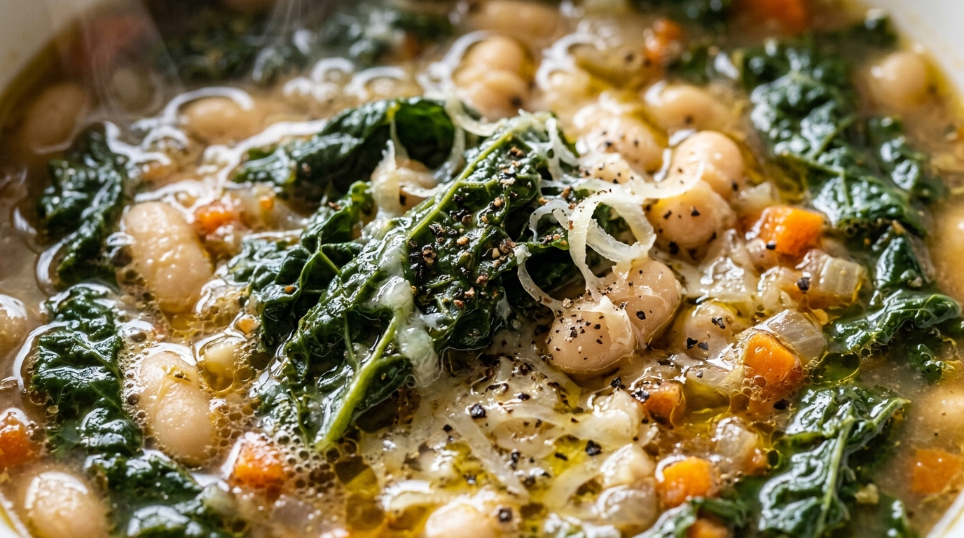 Ultra close-up macro spoon dipping into rich rustic Tuscan white bean soup with tender cannellini beans, vibrant Tuscan kale, and melted shaved parmesan