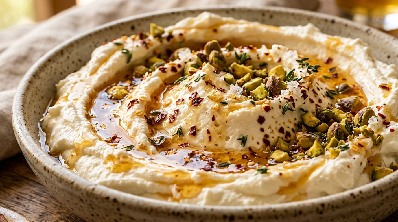 Ultra close-up macro of creamy whipped feta dip swirled in ceramic bowl with glistening warm hot honey and toasted pistachios