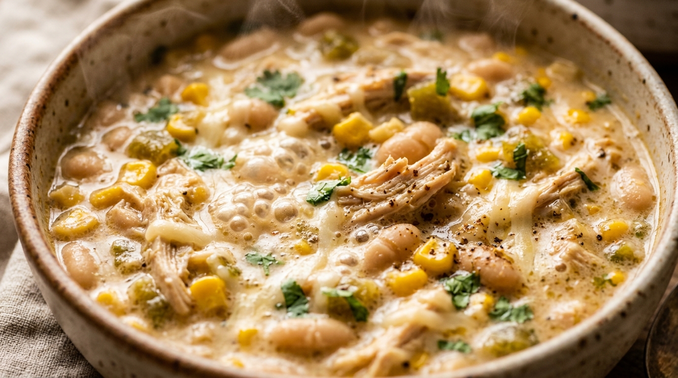 Bubbling slow cooker creamy white chicken chili with shredded chicken, white beans, sweet corn, and melted cheese