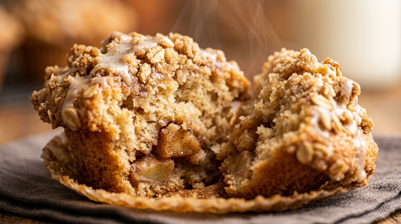 Bakery style apple cinnamon streusel muffin split open showing tender spiced apple crumb and crunchy oat topping