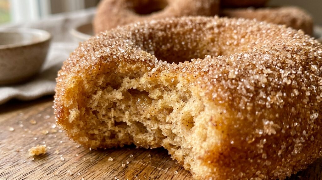 Ultra close-up macro food photography of baked cinnamon sugar apple cider donuts showing moist spiced crumb