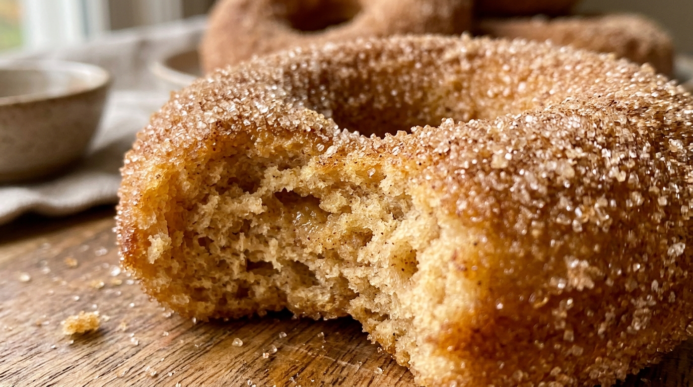 Ultra close-up macro food photography of baked cinnamon sugar apple cider donuts showing moist spiced crumb