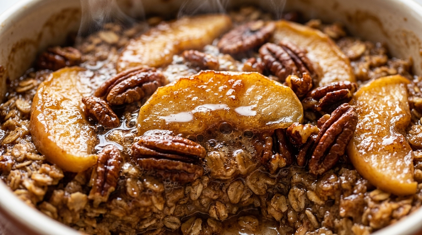 Ultra close-up macro scoop of warm apple cinnamon baked oatmeal with caramelized honeycrisp apples, toasted pecans, and pure maple syrup