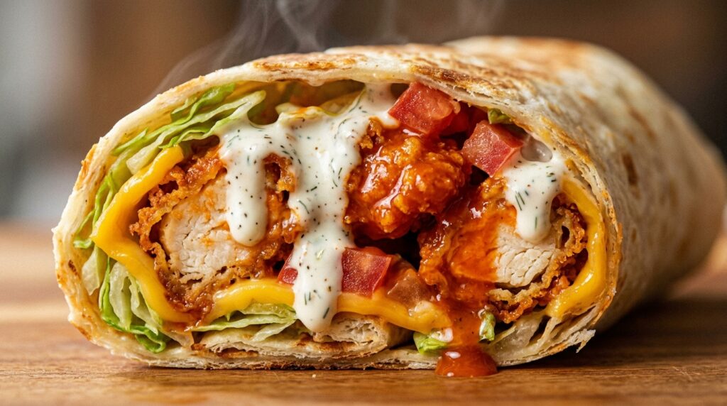 Ultra close-up macro of halved crispy buffalo chicken wrap with dripping buttermilk ranch and melted cheddar