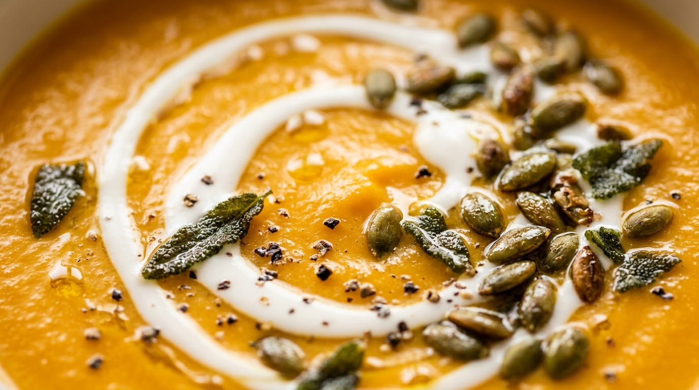 Ultra close up of velvety roasted butternut squash soup with cream swirl, toasted pepitas and crispy sage