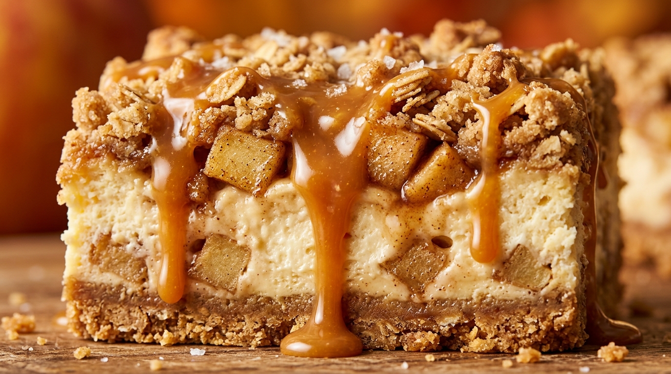 Caramel apple streusel cheesecake bar macro shot with dripping salted caramel sauce over spiced apples and oat crumble