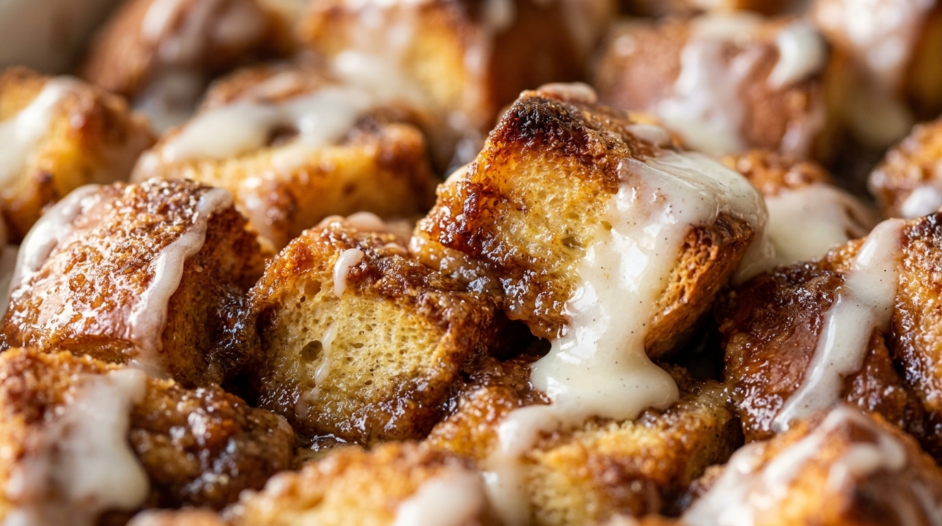 Ultra close up of golden cinnamon roll french toast casserole with melting cream cheese glaze