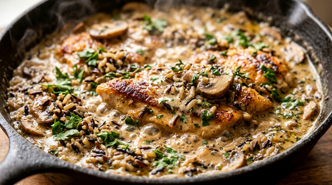 Creamy garlic herb chicken and wild rice skillet ultra close-up macro food photography with golden seared cutlets and cremini mushrooms