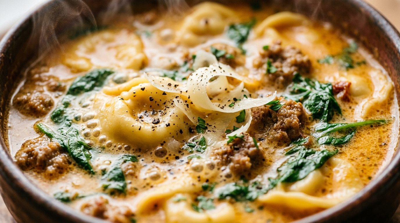 Creamy Tuscan sausage tortellini soup with sun-dried tomatoes and baby spinach in a rustic bowl