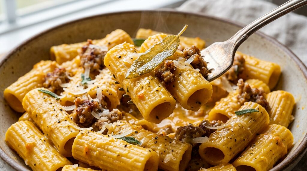 Ultra close-up macro ridged rigatoni pasta lifted on fork coated in velvety pumpkin cream sauce with browned sausage and crispy sage