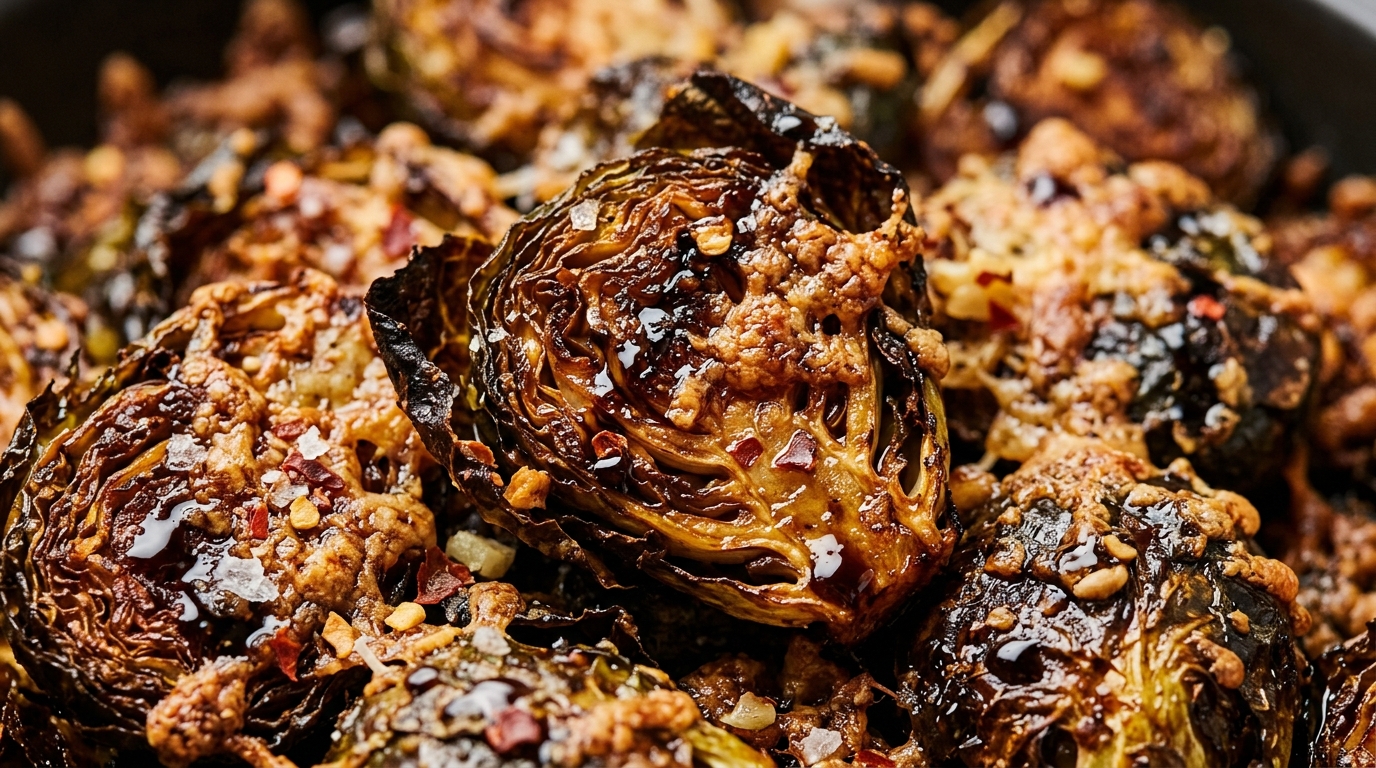Crispy smashed brussels sprouts roasted with garlic butter, parmesan, and balsamic glaze