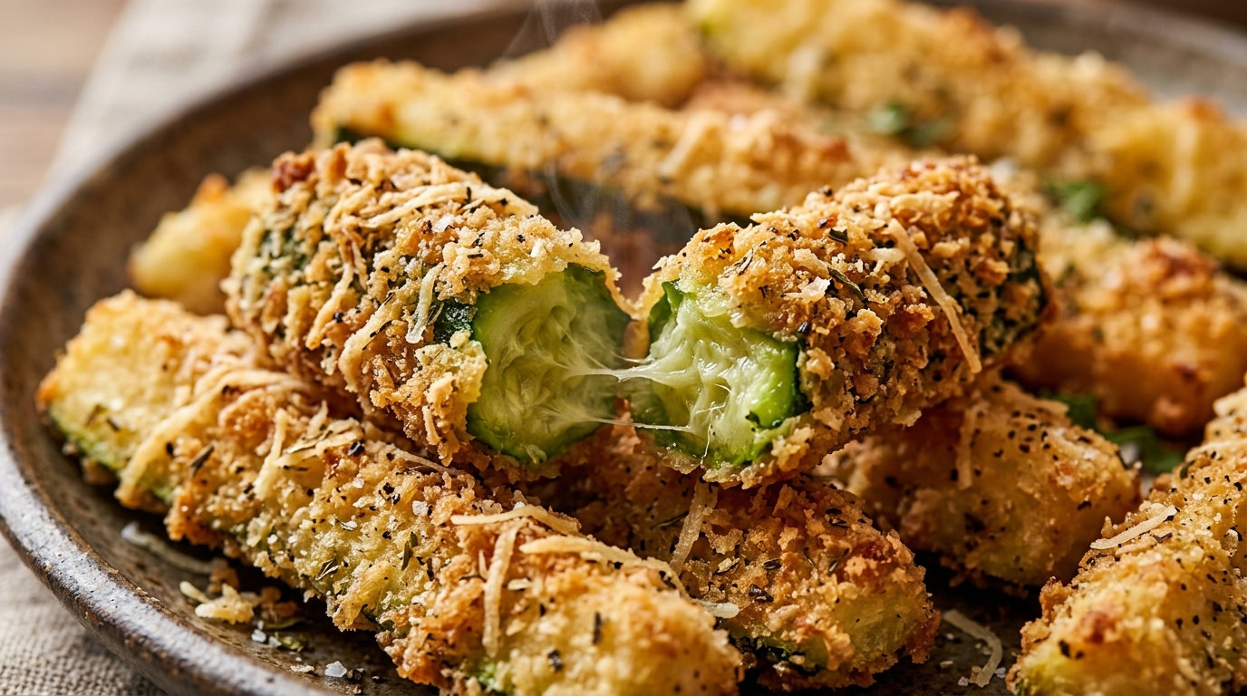 Crispy Baked Parmesan Garlic Zucchini Fries macro shot showing crunchy golden panko crust and steaming tender green zucchini