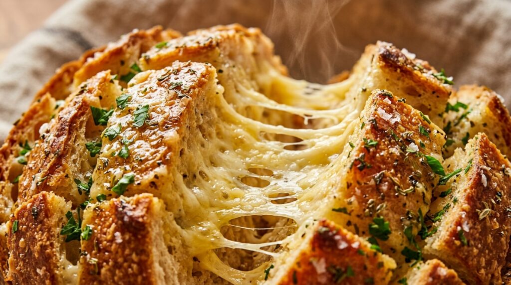 Ultra close-up macro of bubbling cheesy garlic herb pull apart bread with molten mozzarella