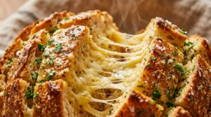 Ultra close-up macro of bubbling cheesy garlic herb pull apart bread with molten mozzarella