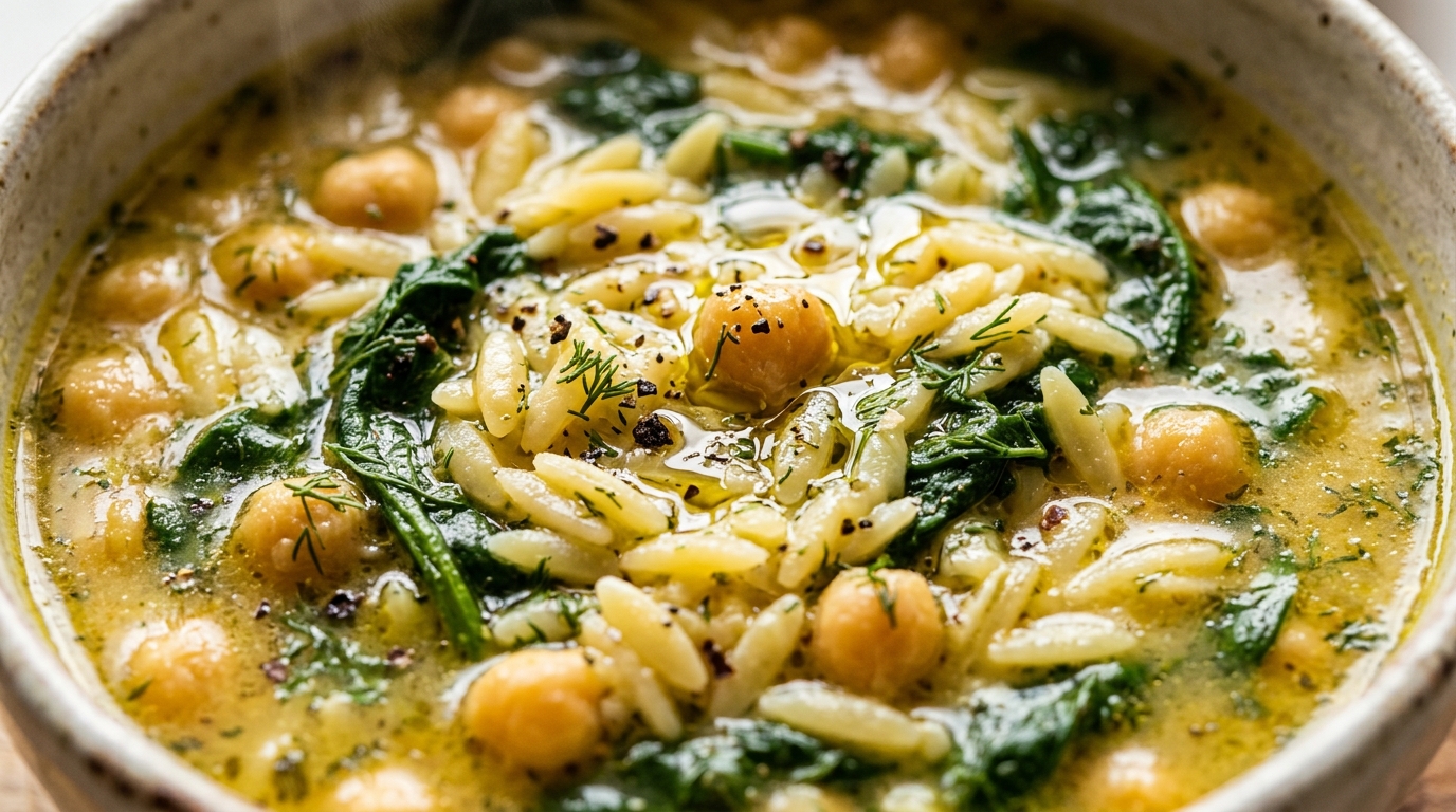 Greek Lemon Orzo Chickpea Soup in velvety citrus broth with spinach and dill