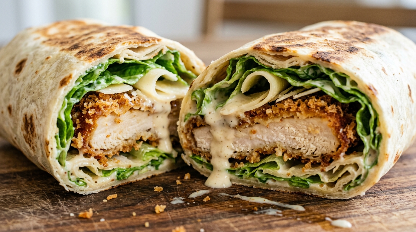 Crispy chicken caesar wrap sliced on a diagonal showing panko chicken, romaine, parmesan, and creamy dressing