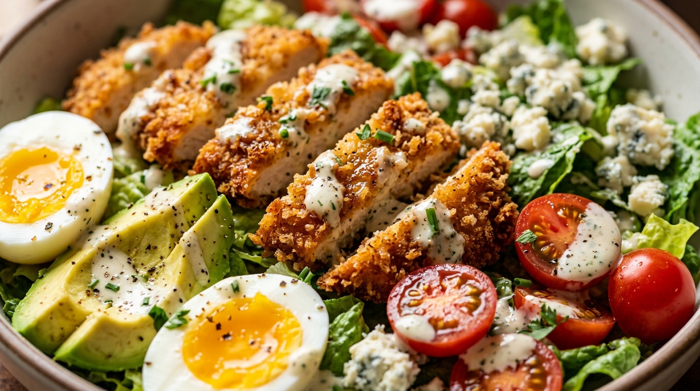 Loaded crispy chicken cobb salad with avocado, jammy eggs, and buttermilk dressing