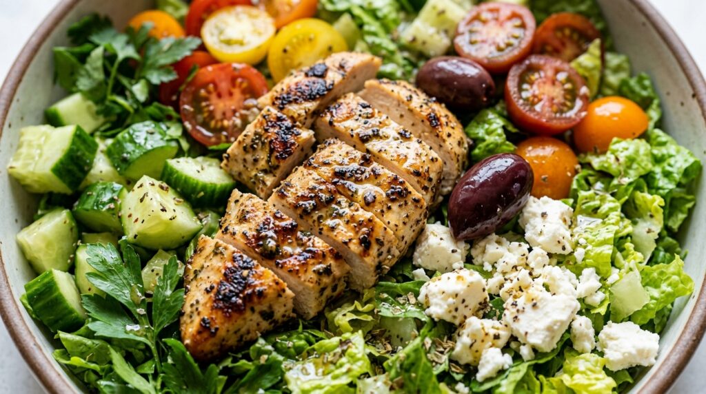 Ultra close-up macro food photography of loaded Mediterranean chopped chicken salad with grilled oregano chicken and feta