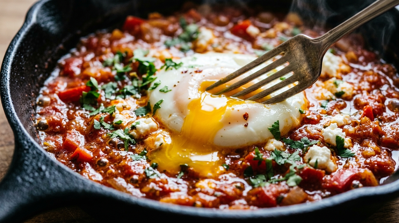 Classic Mediterranean Shakshuka in cast iron skillet with poached eggs, runny golden yolk, and crumbled feta