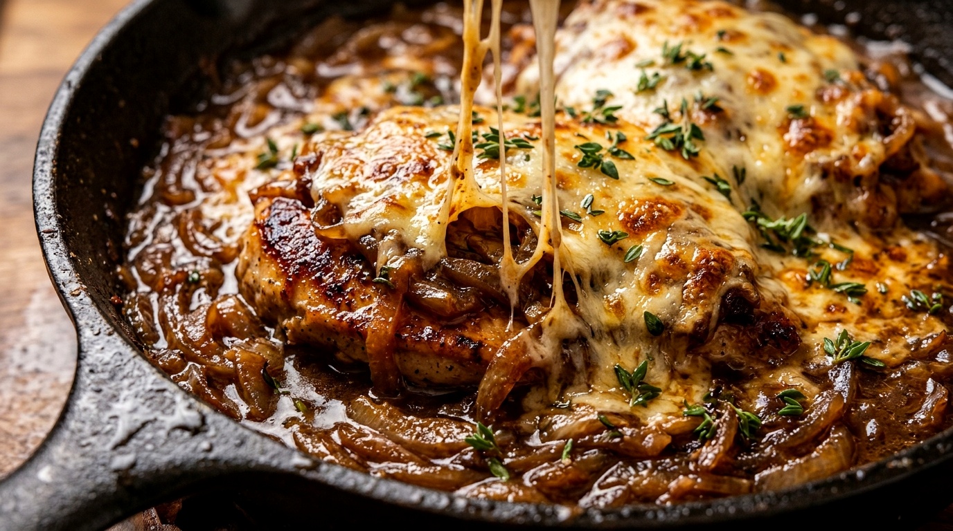 One-Pot French Onion Chicken Skillet ultra close-up macro food photography with bubbling melted Gruyere cheese and sweet caramelized onions
