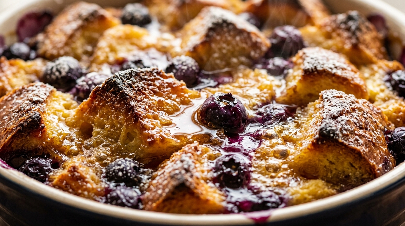 Overnight blueberry brioche french toast bake fresh out of the oven with golden streusel and maple syrup