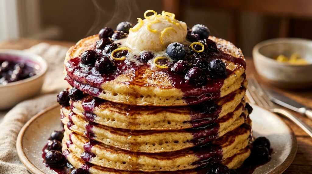 Ultra close-up macro of a tall stack of fluffy golden lemon ricotta pancakes with cascading wild blueberry compote