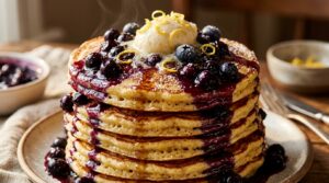 Ultra close-up macro of a tall stack of fluffy golden lemon ricotta pancakes with cascading wild blueberry compote