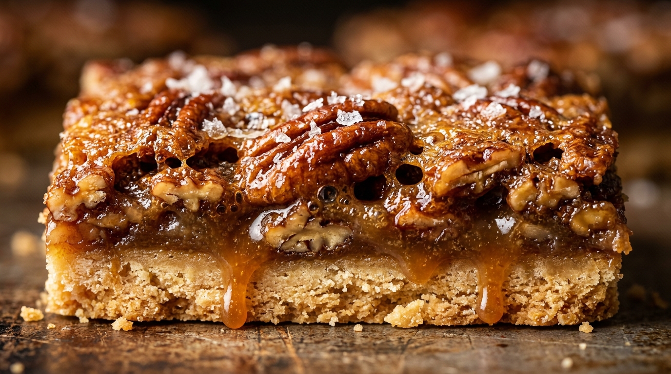 Ultra close up of chewy salted maple pecan pie bars with dripping gooey caramel and flaky sea salt