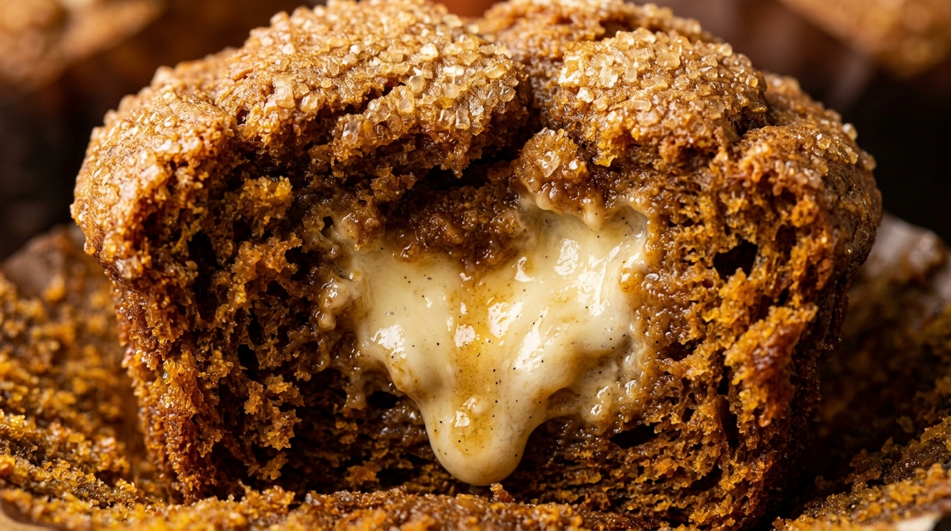 Ultra close-up macro texture of bakery style pumpkin muffin broken in half revealing molten creamy vanilla cream cheese swirl center
