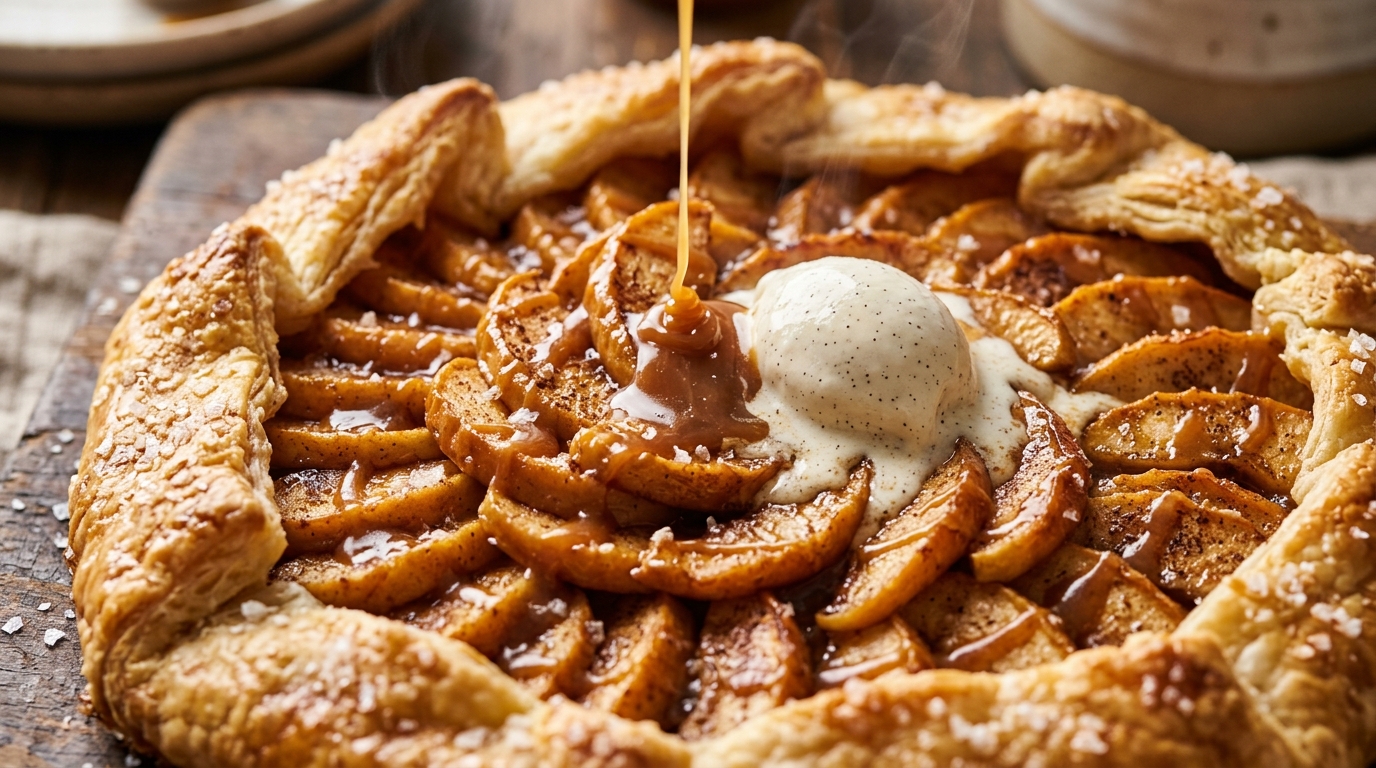 Rustic Salted Caramel Apple Galette with bubbling spiced apples and flaky golden crust