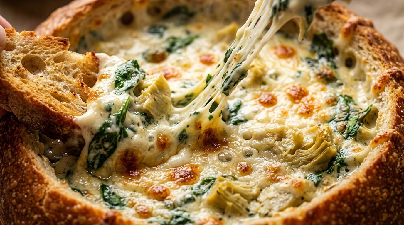 Warm spinach artichoke dip baked in a golden sourdough bread bowl with stretchy cheese pull